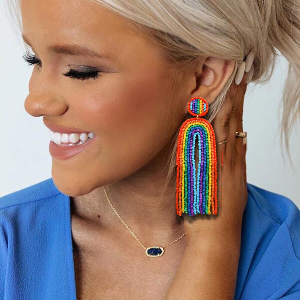 Sachin + Babi Extra Long 5 Inch Rainbow Day Fringe Seed Beaded Earrings NEW